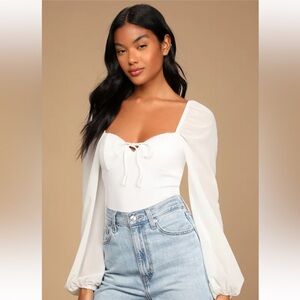 Lulus Never Tied Down White Lace-Up Long
Sleeve Bodysuit Small